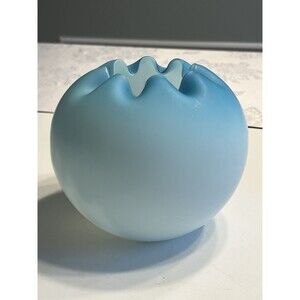 Fenton? Turquoise Blue Satin Glass Rose Bowl Vase Ruffled Rim